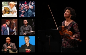 Collage of six musicians with instruments on the left and a woman holding a violin on the right.
