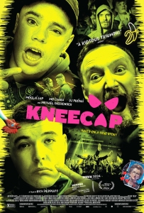 Poster for the film "Kneecap" featuring multiple people with expressive faces against a neon background. Text includes the film title and promotional phrases.