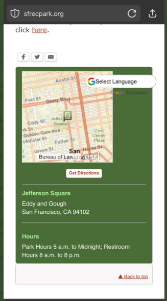 Screenshot of a webpage showing a map of Jefferson Square Park in San Francisco, with its address and park hours listed beneath the map.