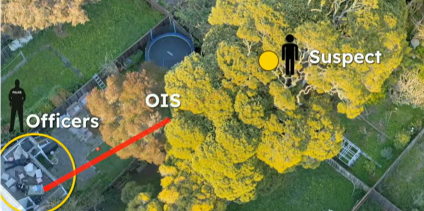 Aerial view showing labeled locations of police officers and a suspect in a wooded area, with "OIS" marked between them and a trampoline nearby.