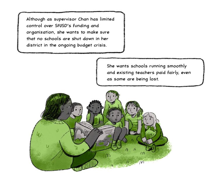 Although as supervisor Chan has limited control over SFUSD’s funding and organization, she wants to make sure that no schools are shut down in her district in the ongoing budget crisis. 

She wants schools running smoothly and existing teachers paid fairly, even as some are being lost.
