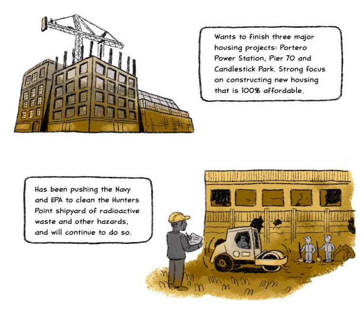 Wants to finish three major housing projects: Portero Power Station, Pier 70 and Candlestick Park. Strong focus on constructing new housing that is 100% affordable.

Has been pushing the Navy and EPA to clean the Hunters Point shipyard of radioactive waste and other hazards, and will continue to do so.
