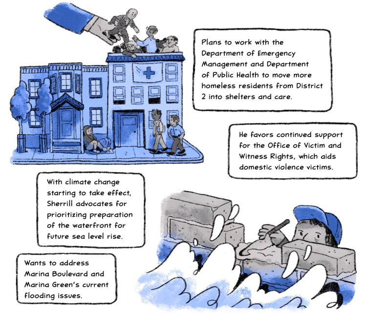 Plans to work with the Department of Emergency Management and Department of Public Health to move more homeless residents from District 2 into shelters and care.

He favors continued support for the Office of Victim and Witness Rights, which aids domestic violence victims.

With climate change starting to take effect, Sherrill advocates for prioritizing preparation of the waterfront for future sea level rise.

Wants to address Marina Boulevard and Marina Green’s current flooding issues.
