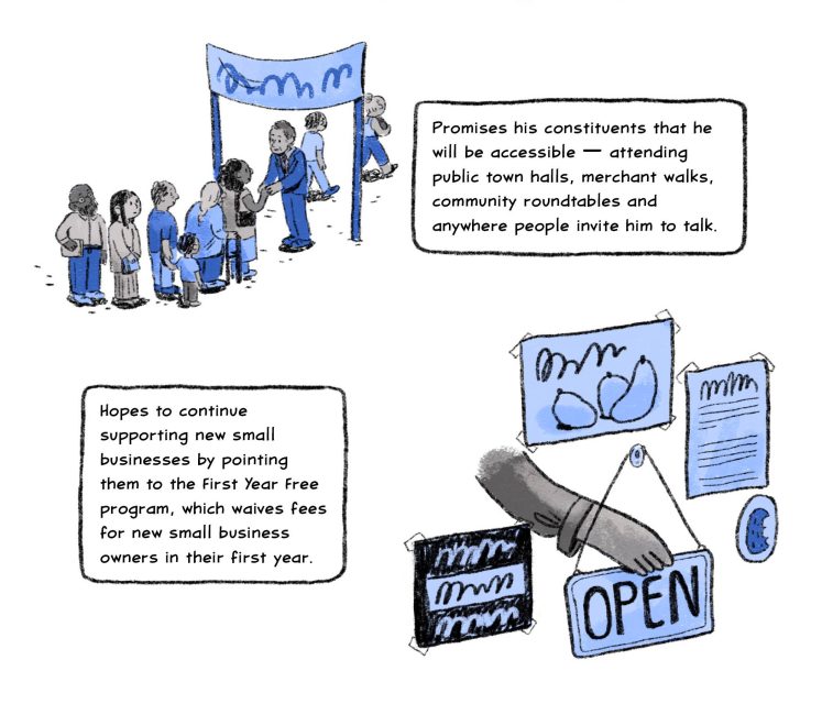 Promises his constituents that he will be accessible — attending public town halls, merchant walks, community roundtables and anywhere people invite him to talk.

Hopes to continue supporting new small businesses by pointing them to the First Year Free program, which waives fees for new small business owners in their first year.
