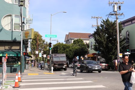 Urban street intersection with pedestrians, a cyclist, parked cars, and traffic signs. Buildings and trees line the street under a clear sky.