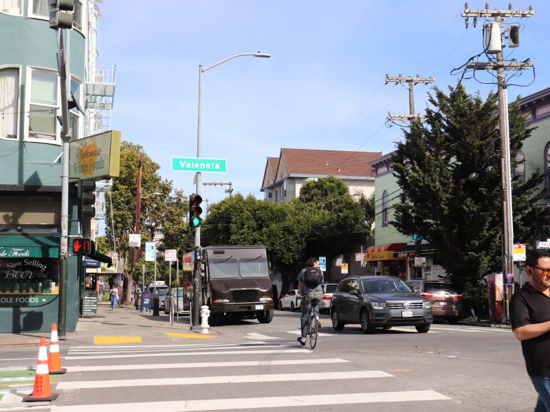 Urban street intersection with pedestrians, a cyclist, parked cars, and traffic signs. Buildings and trees line the street under a clear sky.