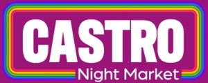 Bold white text on a purple background reads "CASTRO Night Market" with multicolored rainbow borders.