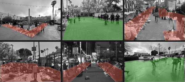 A collage of six images captures bustling city streets. Red areas reveal busy sidewalks filled with street vending stalls, while green areas highlight cleared paths. Amidst the throng, people and vibrant street decorations add life to the scene.