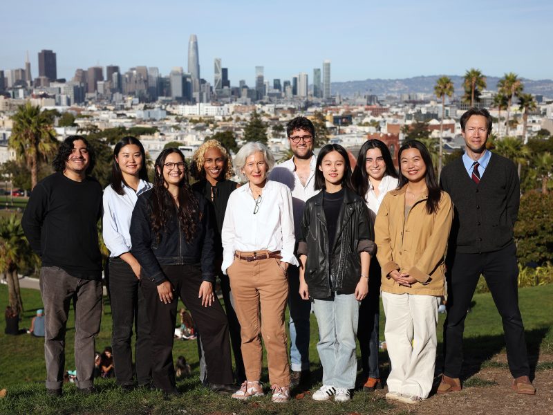 A group of ten people standing together on a grassy area with a city skyline in the background.