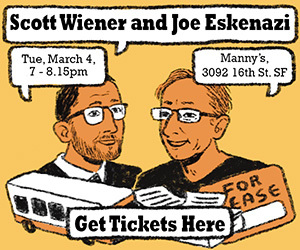 Illustration of two men on a yellow background with speech bubbles containing event details at Manny's on March 4, 7-8.15pm. A house labeled "For Lease" and a vehicle are also depicted.