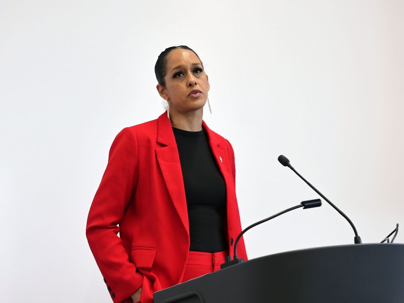 Person in a red suit speaks at a podium against a plain white background.