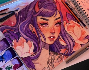 Drawing of a woman with purple hair and red horns, surrounded by flowers, next to art supplies and a notepad.