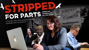 Collage of people working on laptops with a backdrop featuring text "Stripped for Parts: American Journalism on the Brink" and images related to journalism and democracy.