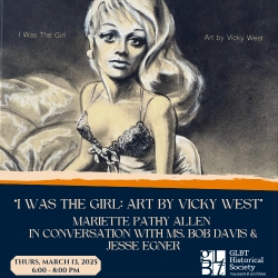 Black and white illustration of a woman in an elegant dress. Text at the bottom details an art event: "I Was The Girl: Art by Vicky West" with a conversation occurring on March 13, 2025.