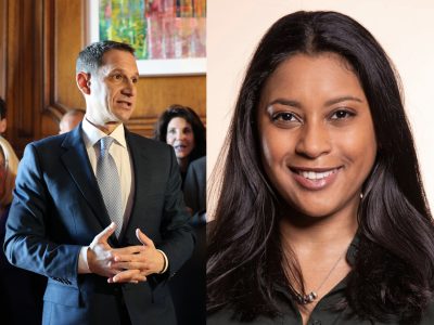 A man in a suit, perhaps reminiscent of Lurie, speaks confidently in a room with wooden paneling. Meanwhile, a woman graces the scene with her radiant smile captured in a headshot against a soft beige background.