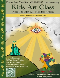 Flyer for Kids Art Class by Precita Eyes Muralists, April 7-May 12, Mondays 4-6pm at Precita Studio. Includes class details, contact info, and an illustrated castle and jester.