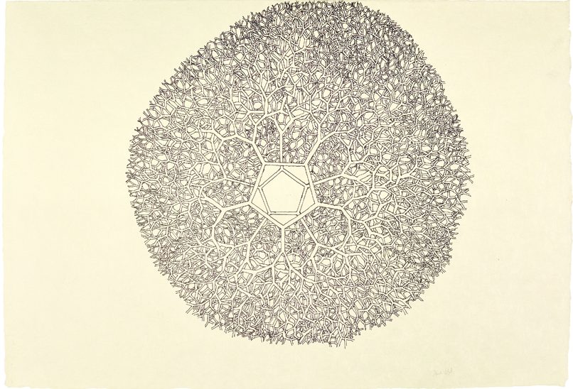Intricate circular geometric pattern on paper, featuring a central pentagon surrounded by complex interwoven lines. Background is plain off-white.