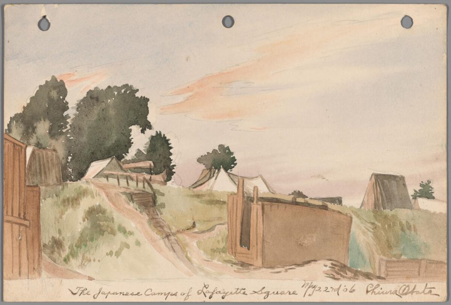 Watercolor painting of a hillside camp with tents and wooden structures after the 1906 earthquake, surrounded by trees, under a lightly clouded sky. Handwritten text at bottom reads: "The Japanese Camp at Lafayette Square 11/22/06.