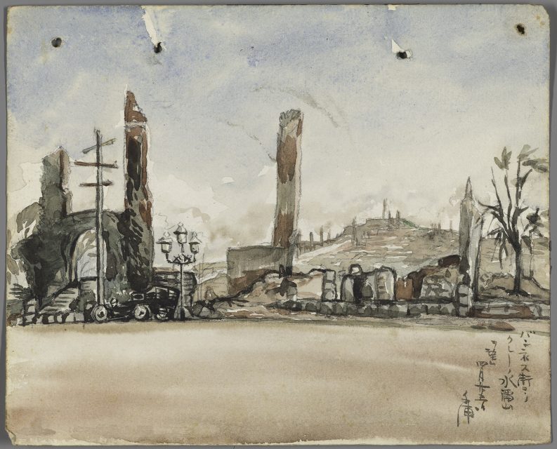 A watercolor painting depicts a desolate urban landscape with ruined buildings, a damaged car, and telephone poles under a cloudy sky. Handwritten text appears in the lower right corner.