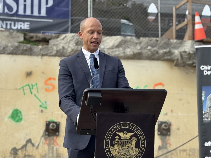 A member of Representative Nancy Pelosi's office at the ground breaking of Casa Adelante at 1515 South Van Ness Ave. on Wednesday April 16, 2025. Photo by Oscar Palma.