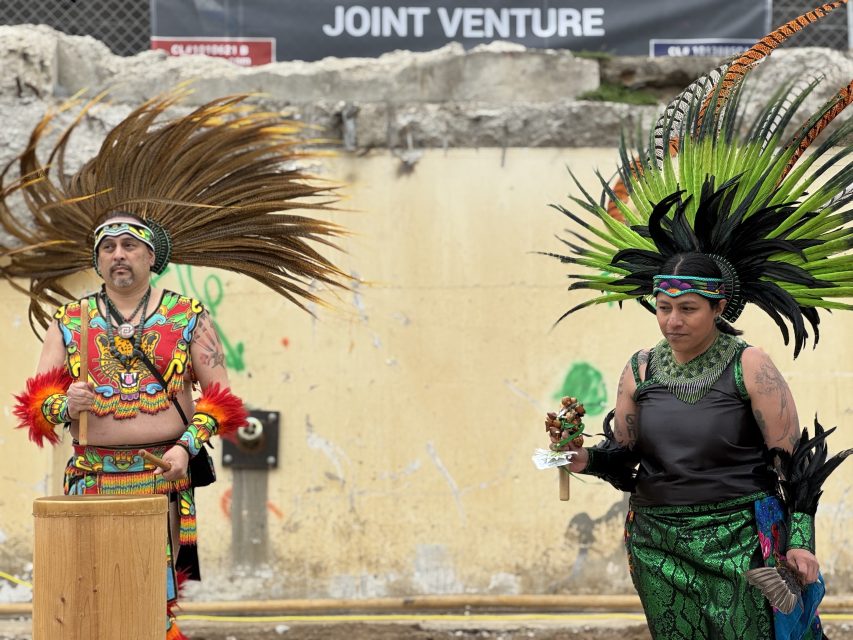 Members of the Xiuhcoalt Aztec dance group blessed the ground breaking ceremony of the Casa Adelante housing complex at 1515 South Van Ness Ave. on Wednesday April 16, 2025. Photo by Oscar Palma.