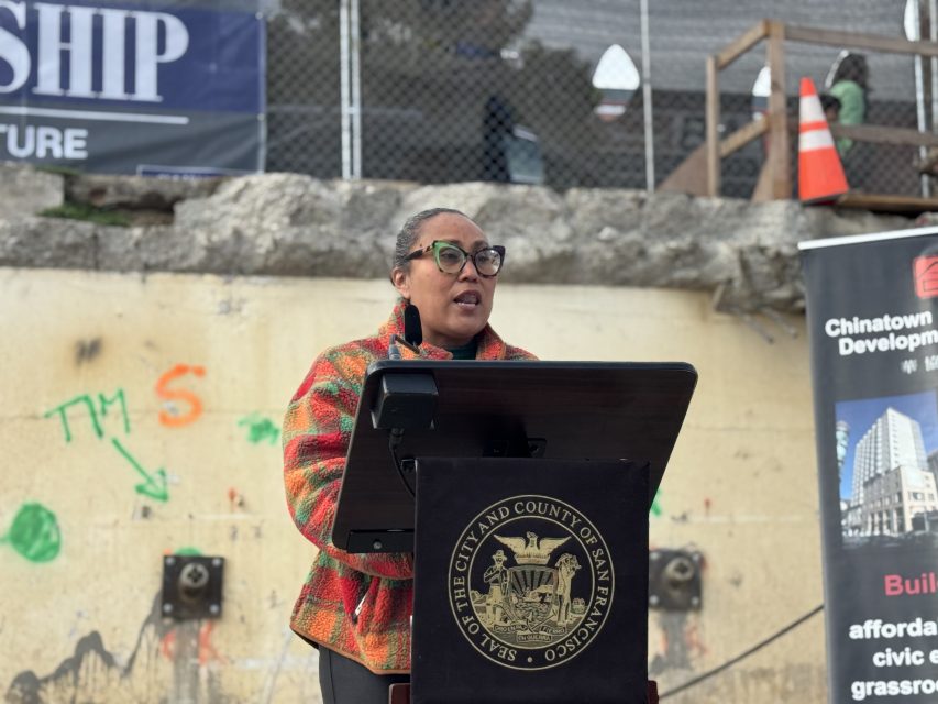 Calle 24's executive director Susana Rojas speaks at the ground breaking ceremony of Casa Adelante at 1515 South Van Ness Ave. on Wednesday April 16, 2025. Photo by Oscar Palma.