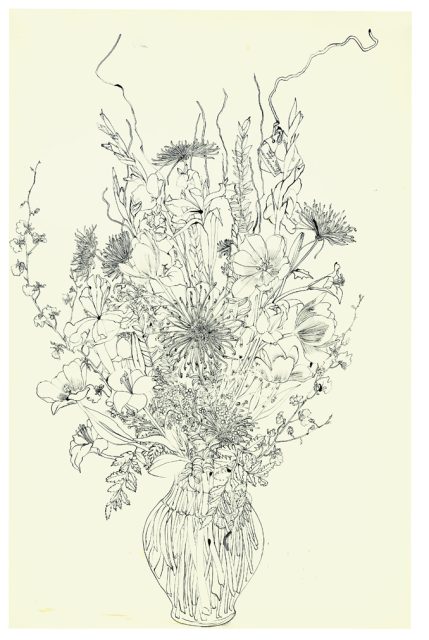 Ink drawing of a detailed flower arrangement in a vase, featuring various blooms, leaves, and stems extending in multiple directions on a light background.