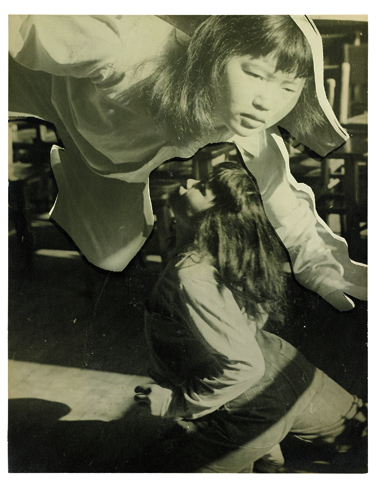 A black and white collage featuring a large facial cutout of a woman's photo placed over another image of a woman standing outdoors.