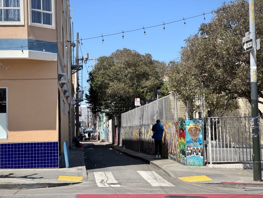 A narrow urban alleyway with colorful street art on the right fence, a person standing near the wall, and string lights overhead on a sunny day.