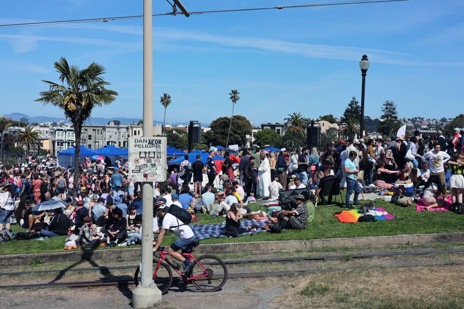 A large crowd gathers for a picnic on a grassy park, with people sitting on blankets and a person riding a bicycle in the foreground.