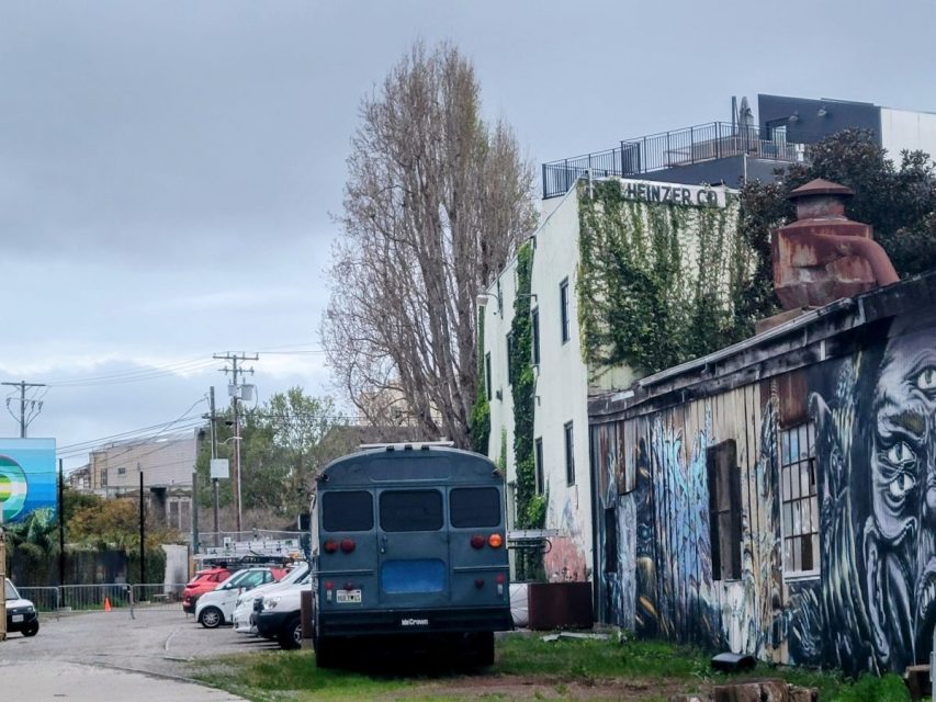 A blue bus is parked next to a building with murals and ivy on its walls under a cloudy sky.