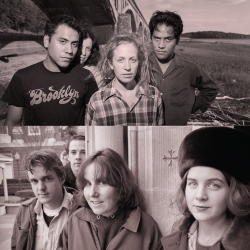 Two black-and-white photos of bands: the top shows four people standing outdoors; the bottom shows three people and a woman in a fur hat standing outside by a building.