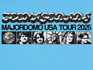 Poster for Teenage Dads' Majordomo USA Tour 2025, featuring the band's name, tour title, and black-and-white images of the band members and Statue of Liberty on a blue background.
