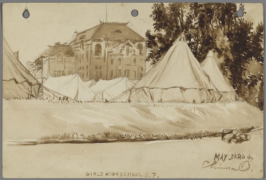 Sepia-toned drawing of tents set up in front of a large building labeled "Girls High School, S.F." with handwritten date May 3rd, 1906. Trees are visible on the right.