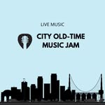A graphic with a city skyline, a bridge, and a guitar pick icon advertising “City Old-Time Music Jam” live music event.