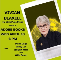 Event flyer with a photo of an older woman in glasses and black clothing. Text announces Vivian Blaxell reading at Adobe Books on Wednesday, April 16 at 6 PM, with four other readers.