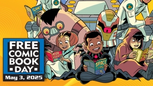 A group of animated characters read comic books together. A sign in the corner says "Free Comic Book Day, May 3, 2025.