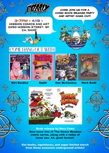 Comic book release party poster with event details, featured comic covers, and photos of artists Kirt Burdick, Apple, Dan McCloskey, and Mark Bode, plus info about the new release.