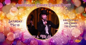 Poster for an Anniversary Dinner Dance Party featuring Halsey & The Hi-Hats, with event details and a singer in a top hat performing on stage in the center.