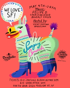 Colorful illustrated donkey with party decorations advertises a "Sunga Brunch" event in San Francisco, noting date, time, ticket prices, and location at Teeth Bar.