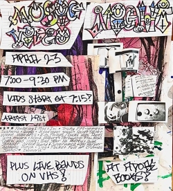 Collage poster with graffiti-style text advertising a VHS art event on April 23, 7β9:30 PM, at Adobe Books, featuring artist VHS and live bands on VHS.