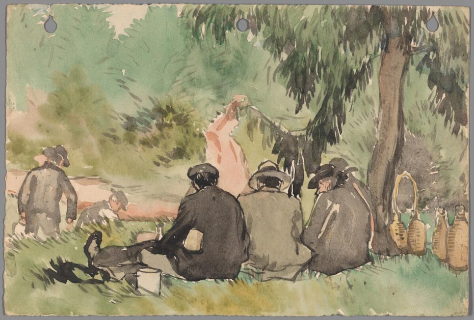 A watercolor painting depicts several people sitting on the grass under a tree, with others standing nearby and baskets placed to the right.