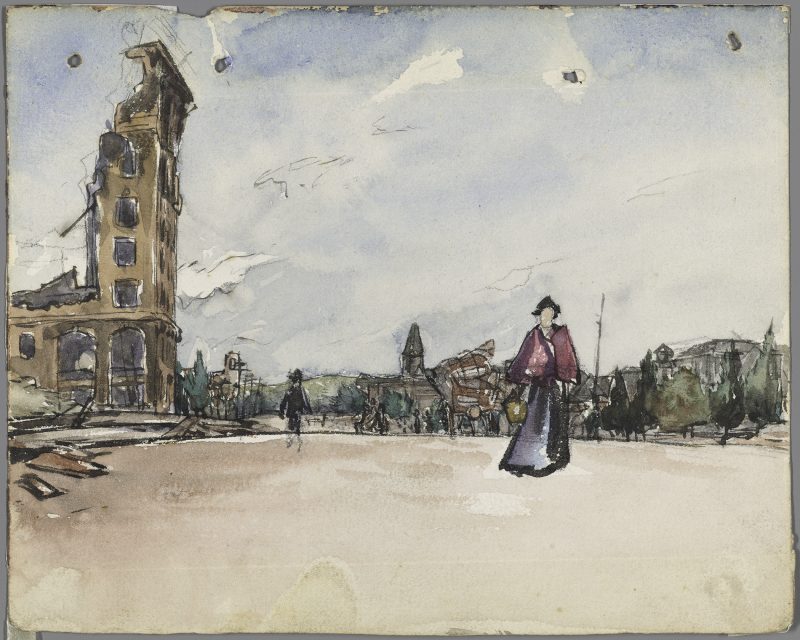 A woman in period clothing stands in an open square with a damaged building and a few distant figures in the background under a cloudy sky.