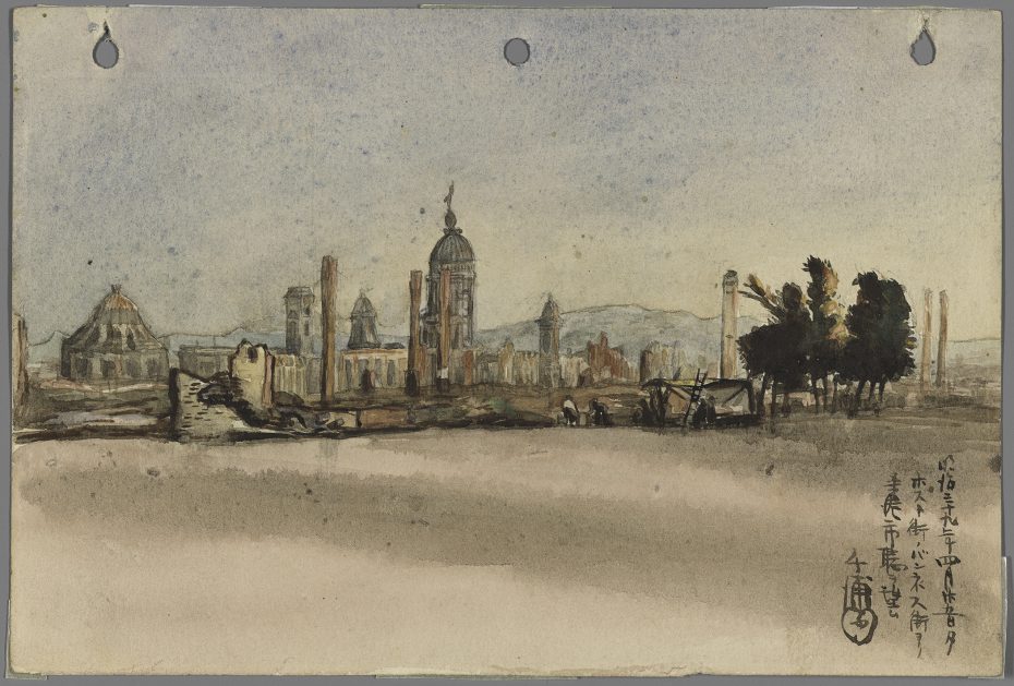 Watercolor painting of a city in ruins, with damaged buildings, scattered rubble, and handwritten Japanese text in the bottom right corner.