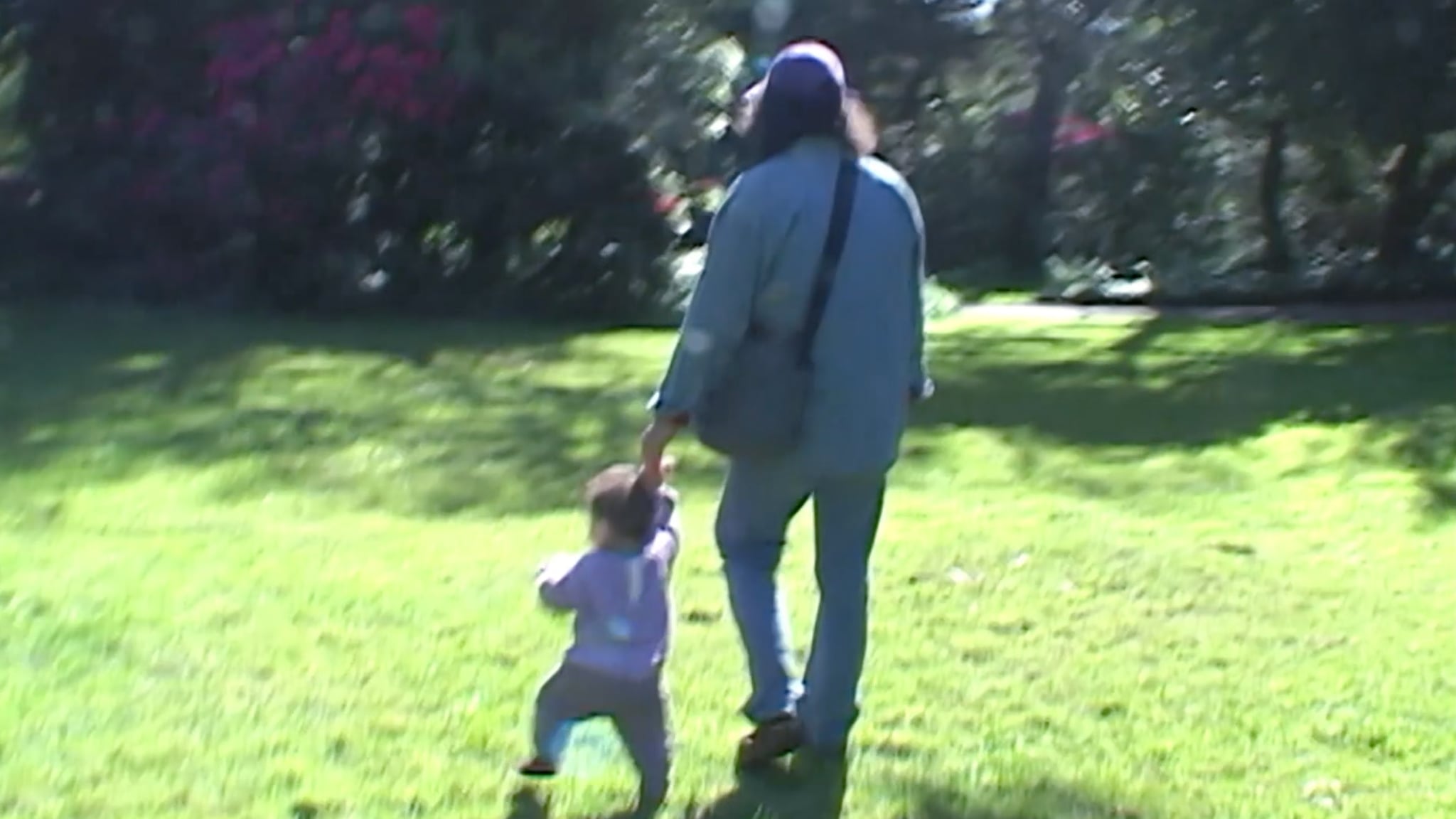 An adult and a small child walk hand in hand on a grassy area in a park, with trees and sunlight in the background.