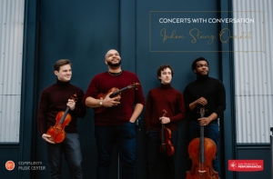 Four musicians in matching burgundy outfits stand in front of a blue wall with string instruments. Text reads: "Concerts with Conversation: Isidore String Quartet." Logos in corners.