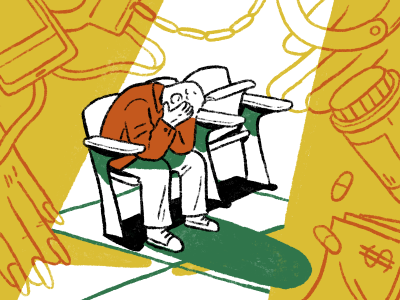 A person sits hunched over with their head in their hands on a bench, surrounded by illustrations of handcuffs, pills, money, and a gavel.