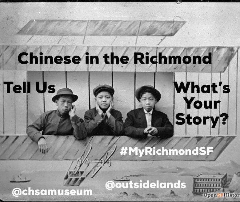 Historic black-and-white photo of three Chinese boys sitting in front of a backdrop, with overlaid text inviting people to share stories about Chinese in the Richmond neighborhood.