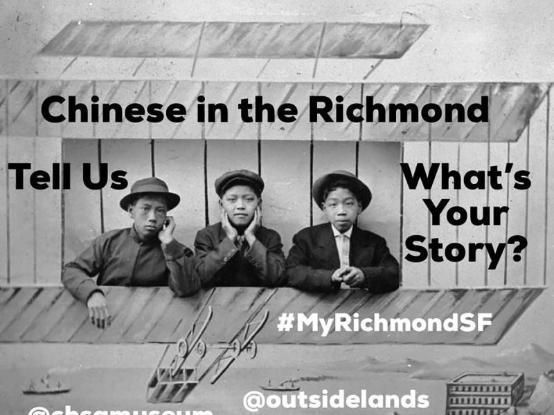 Historic black-and-white photo of three Chinese boys sitting in front of a backdrop, with overlaid text inviting people to share stories about Chinese in the Richmond neighborhood.