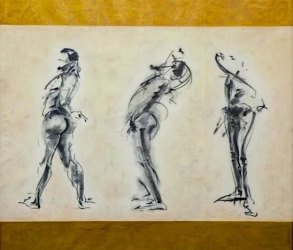 Three stylized sketches of a human figure in different standing poses are displayed side by side on a rectangular canvas with a yellow border.